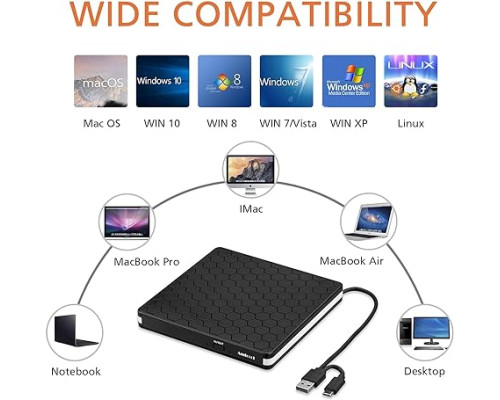 Зовнішній DVD-привід Amicool USB 3.0, Type-C CD DVD +/-RW, оптичний привід