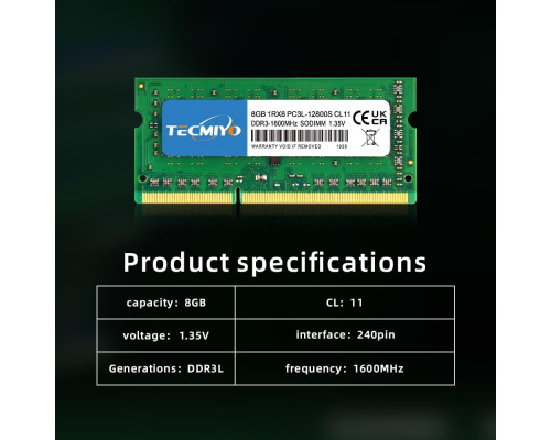 Оперативна пам'ять TECMIYO 1RX8 PC3L 12800S 8 ГБ DDR3 1600 RAM (1X8 ГБ) 1,35 В/1,5 В PC3-12800s DDR3 1600 МГц SODIMM CL11 без ECC