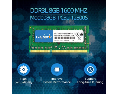 Оперативна пам'ять TECMIYO 1RX8 PC3L 12800S 8 ГБ DDR3 1600 RAM (1X8 ГБ) 1,35 В/1,5 В PC3-12800s DDR3 1600 МГц SODIMM CL11 без ECC