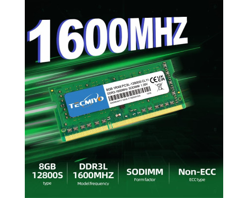 Оперативна пам'ять TECMIYO 1RX8 PC3L 12800S 8 ГБ DDR3 1600 RAM (1X8 ГБ) 1,35 В/1,5 В PC3-12800s DDR3 1600 МГц SODIMM CL11 без ECC