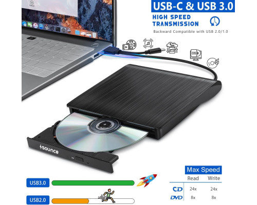 Зовнішній DVD-привід Sounce USB 3.0 та записувач компакт-дисків Type-C