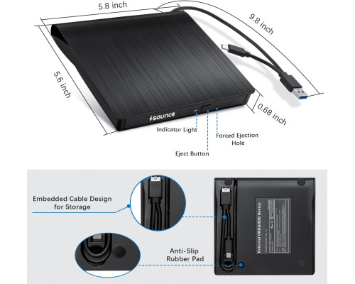 Зовнішній DVD-привід Sounce USB 3.0 та записувач компакт-дисків Type-C