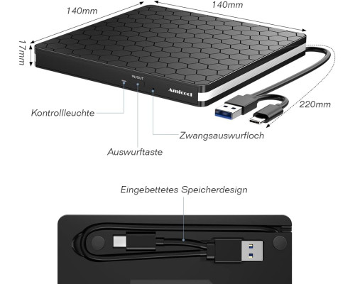 Зовнішній CD-DVD записувач та зчитувач Amicool з USB 3.0