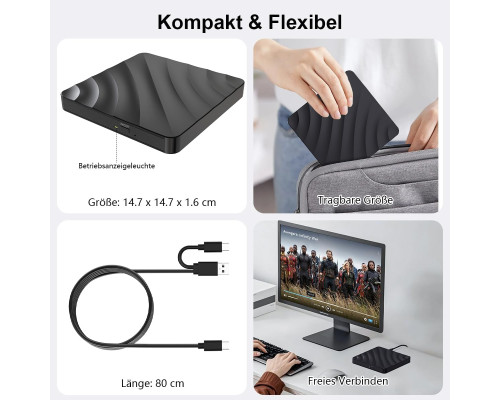 Зовнішній оптичний привід CD/DVD-RW з USB-A та USB Type-C