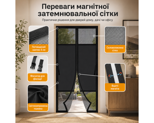 Магнітна затемнювальна москітна сітка на двері з вшитими магнітами 80 x 210 см