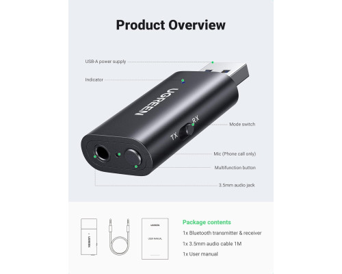Бездротовий аудіоадаптер / приймач-передавач UGREEN 5.1 USB-Bluetooth-3,5 мм