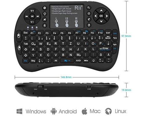 Міні-бездротова клавіатура Rii Mini i8+ Black з підсвічуванням та сенсорною панеллю Multitouch