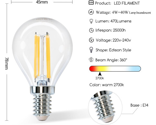 Світлодіодна лампа Aigostar Filament E14, тепле світло, 2700K, 4 Вт. 5шт.