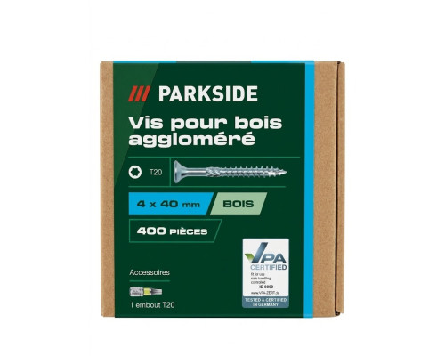 Шурупи по дереву (ДСП) Parkside 4,0 x 40 мм (400 шт) з фрезерувальними ребрами та бітою T20
