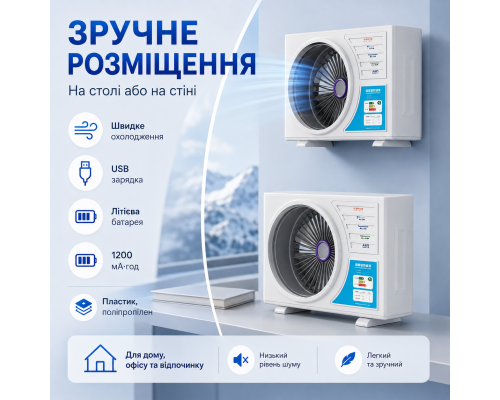 Компактний акумуляторний вентилятор з USB-зарядкою 1200 мА·год / Портативний настільний охолоджувач повітря