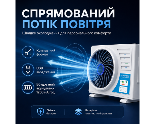 Компактний акумуляторний вентилятор з USB-зарядкою 1200 мА·год / Портативний настільний охолоджувач повітря