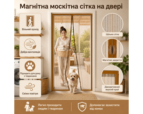 Антимоскітна магнітна сітка на двері 100×210 см із автоматичним закриттям