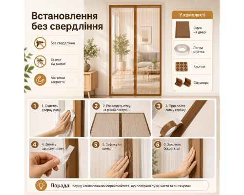 Антимоскітна магнітна сітка на двері 100×210 см із автоматичним закриттям