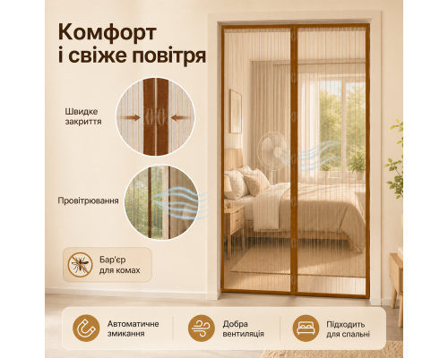 Антимоскітна магнітна сітка на двері 100×210 см із автоматичним закриттям