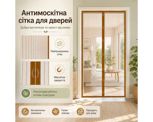 Антимоскітна магнітна сітка на двері 100×210 см із автоматичним закриттям