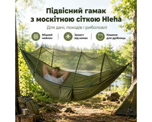 Підвісний гамак з москітною сіткою, кишенею та комплектом кріплень