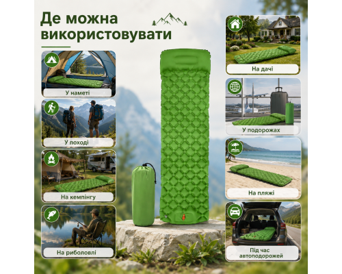 Туристичний надувний матрац з подушкою та вбудованим насосом 190×58×5 см