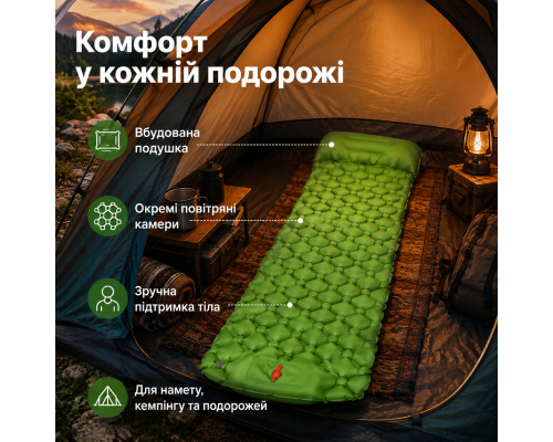 Туристичний надувний матрац з подушкою та вбудованим насосом 190×58×5 см