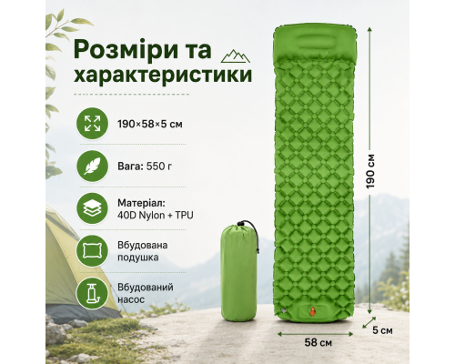 Туристичний надувний матрац з подушкою та вбудованим насосом 190×58×5 см