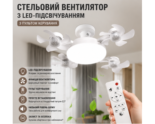 Стельовий вентилятор з LED-підсвічуванням та пультом керування