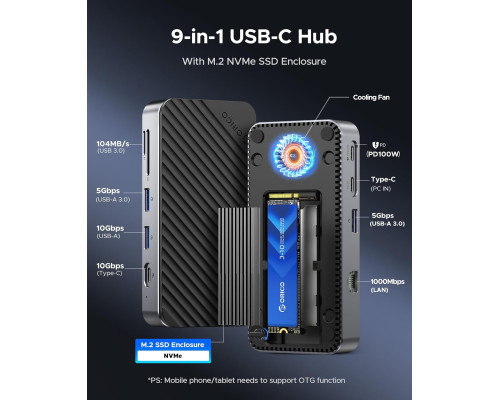 USB-C концентратор з корпусом для M.2 NVMe SSD 10 Гбіт/с ORICO
