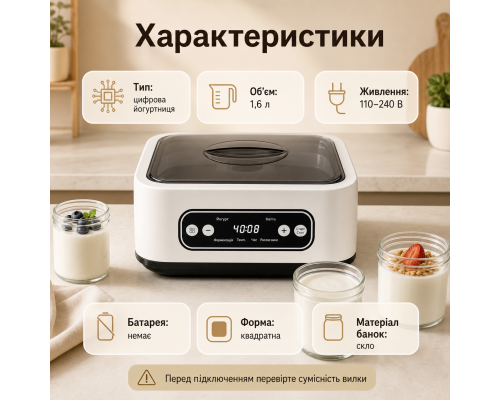 Автоматична йогуртниця з електронним керуванням та об’ємом 1,6 л