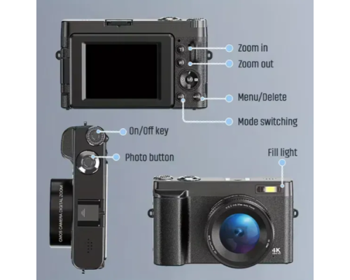 Цифрова камера 4K 48 МП з автофокусом та поворотним екраном 180°