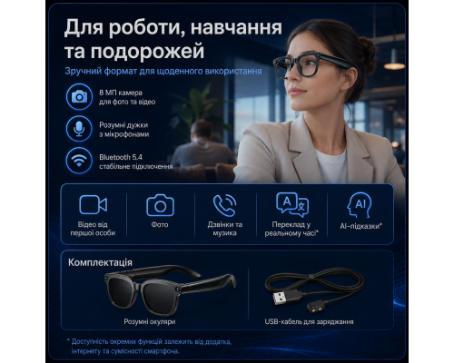 Смарт-окуляри PEJE AI з камерою 8MP та перекладом у реальному часі (Чорні лінзи)