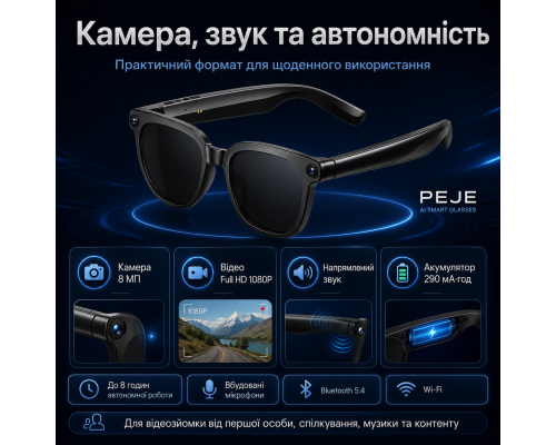 Смарт-окуляри PEJE AI з камерою 8MP та перекладом у реальному часі (Чорні лінзи)