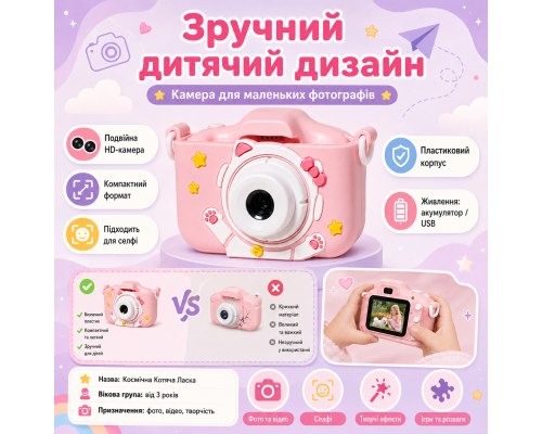Портативна дитяча камера 48MP з дизайном котика