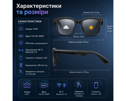 Розумні AI окуляри з фотохромними лінзами